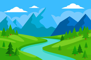 River landscape illustration with a view of green fields, mountains, and trees