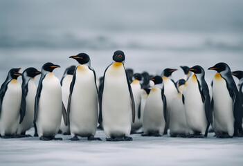 Obraz premium A colony of penguins huddling on the ice, overcast day 