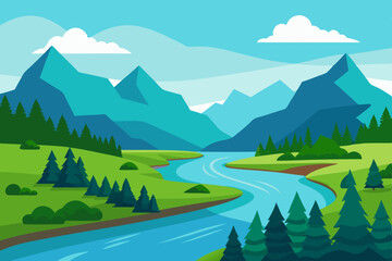 River landscape illustration with a view of green fields, mountains, and trees