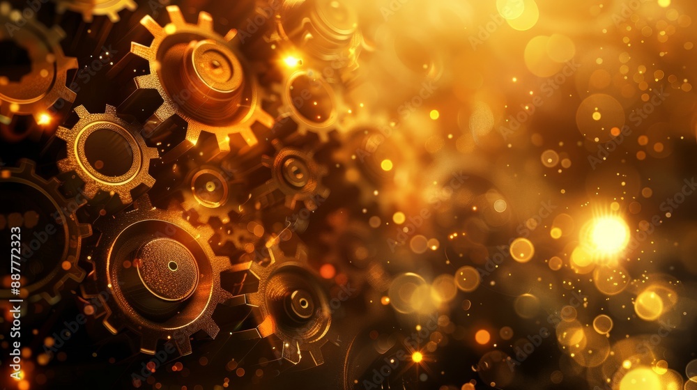 Poster mechanical gears illuminated with a golden light. industrial engineering and machinery concept.