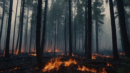 Fototapeta premium Flaming forest Replanting, Reforestation Deforested landscape Smoke and ashes and fog and fire.