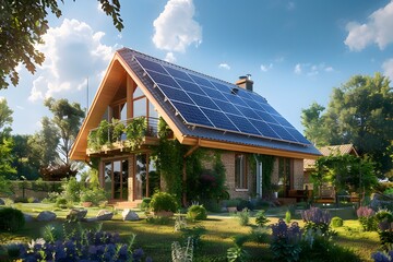A modern house with solar panels on the roof, in front of it is an open garden full of flowers and grass