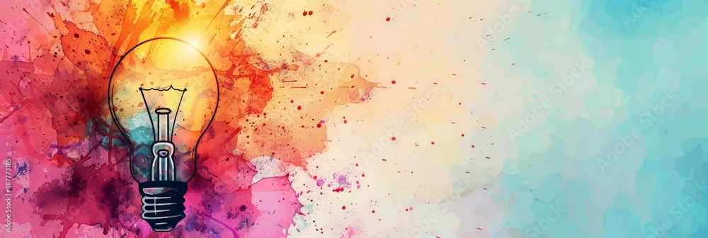 Poster light bulb with colorful splashes on a white background. symbolizing creativity and bright ideas.