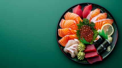 copy space, Typical Japanese Sashimi,  green background