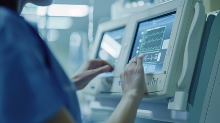 Doctor is adjusting settings and monitoring a patient's vital signs on an ekg machine in a hospital room