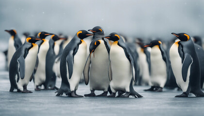 Obraz premium A colony of penguins huddling on the ice, overcast day 