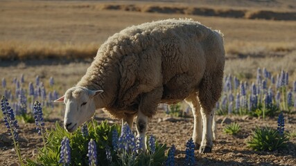 Young merino sheep eating lupins in drought.