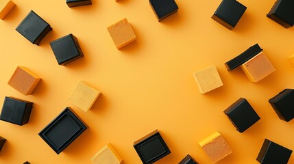 A flat lay of black and yellow squares on a bright yellow background.