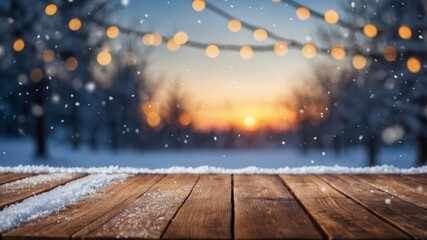 Wooden table top on blurred winter background with snow and bokeh lights - mockup for product display or montage.