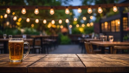 Wooden table top on blurred pub garden background with bokeh lights - mockup for product display or montage.