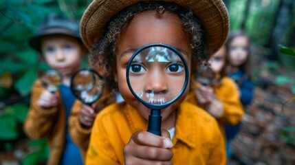 Young boy, wearing a hat, looks through a magnifying glass in a forest setting