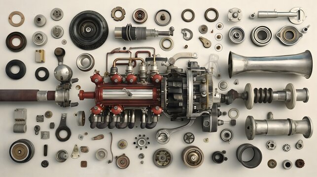 3. "An exploded view of a vintage engine with all its components laid out in a clean, organized manner, showing each part in detail