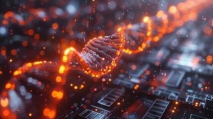 A digital representation of synthetic DNA being assembled, depicted as a glowing helix floating above a circuit board.