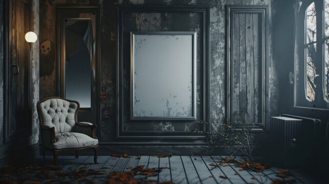 spooky interior of a haunted house with an antique frame amidst decaying decor
