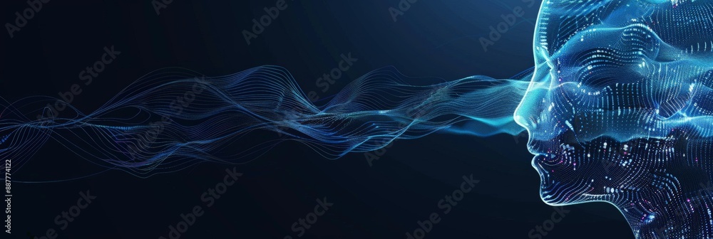 Poster Abstract digital face with flowing blue light patterns and glowing details on a dark background. Highlights futuristic technology and AI