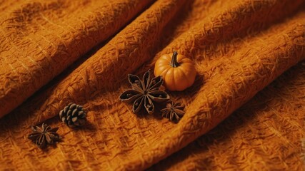 Welcome autumn vibes Top view of warm blanket, miniature pumpkins, golden leaves, pine cone, cinnamon sticks, and star anise on an orange backdrop Perfect for text or advertising.