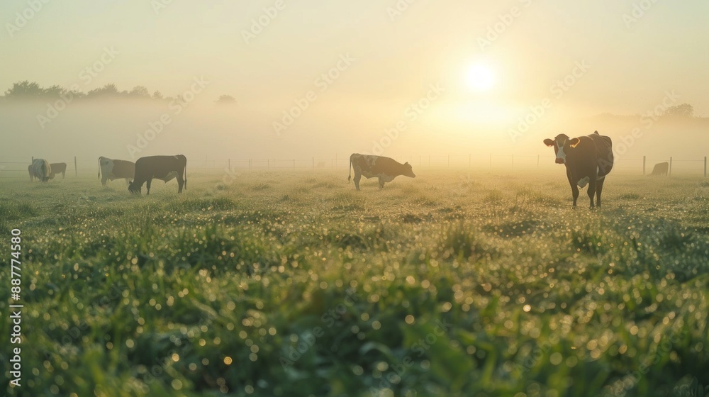 Leinwandbilder a group of cows are grazing in a field with a foggy sky in the background