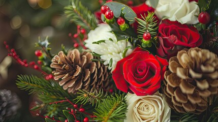 A bouquet of red roses and white flowers with pine cones