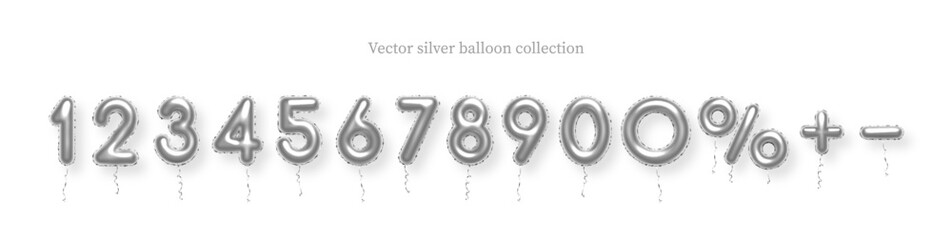 Birthday silver balloon numbers isolated on white background. Set of steel or chrome isolated numbers. Bright metallic 3D realistic vector design elements for anniversary, celebration, party, sale. © backup16