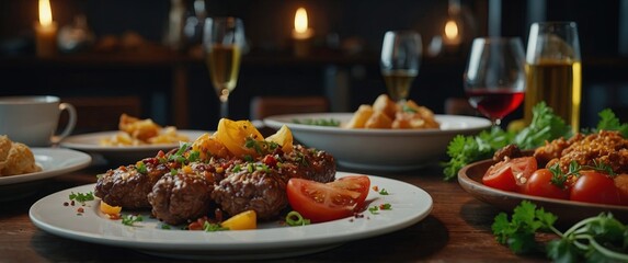 mouthwatering foods around the table background.