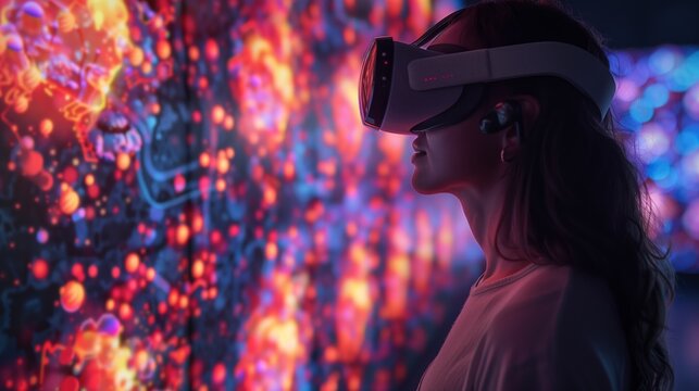 A woman wearing a VR headset experiences a virtual reality demonstration of nanotechnology.