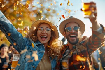 Friends celebrating at an autumn festival with falling leaves and drinks.