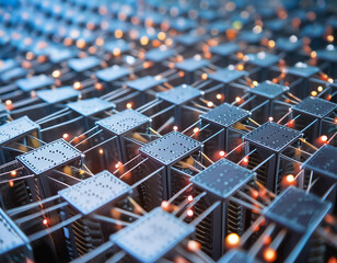 Complex network of interconnected database servers, symbolizing data storage, management, and retrieval in a high tech environment.