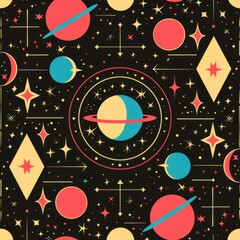 Obraz premium Vintage Space Pattern With Planets and Stars