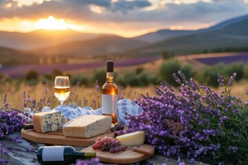 Fototapeta premium A picturesque vineyard picnic with wine, cheese, and grapes set against a beautiful sunset.