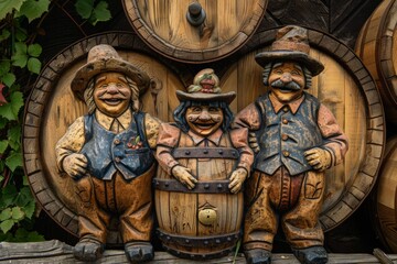 Fototapeta premium Three charming wooden figures dressed in traditional attire, standing in front of wooden barrels.
