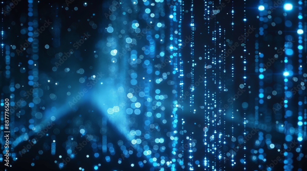 Poster Abstract digital background with vertical lines of light and blue bokeh effects. Advanced technology and data communication concept.