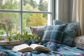A cozy reading nook by the window with plaid pillows, blankets, and an open book, perfect for a rainy day.