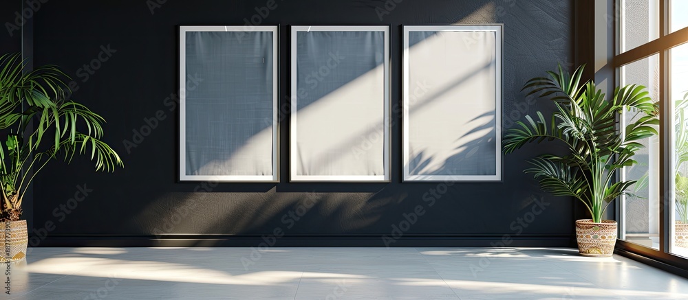 Poster Black wall adorned with empty frames serves as a mockup for design presenting a copy space image