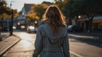 Fototapeta premium A woman with wavy hair and a coat strolls down a sunny urban street, basking in the warm light and enjoying a peaceful moment. 