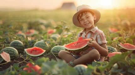 Cute little boy hold and eat watermelon in plantation field in farm