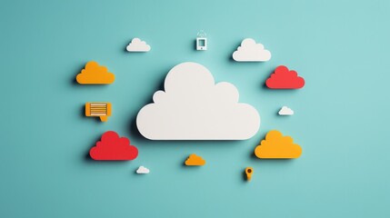 A blue background with a white cloud and a red cloud with a key on it