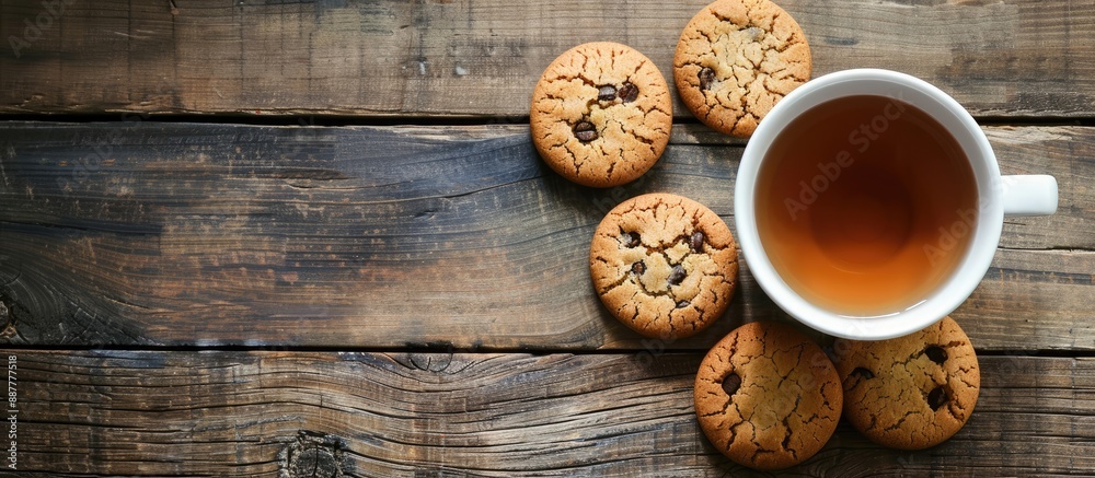 Poster top view of a white porcelain mug of tea and sweet cookies on a wooden surface with selective focus 