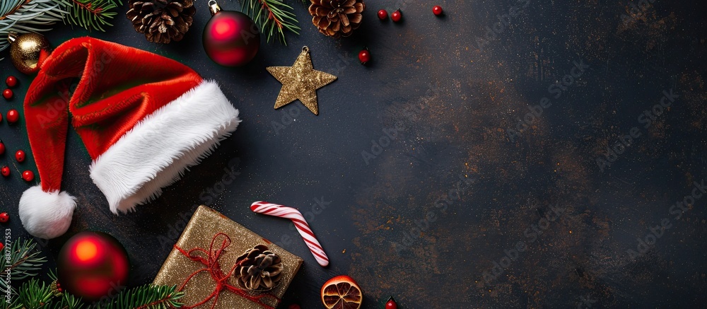 Poster Top down view of a Christmas arrangement featuring a Santa hat gift bauble star on a background with space for text suitable for a flat lay image. with copy space image