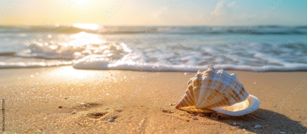 Poster Sandy beach with a white seashell creating a summer marine copy space image