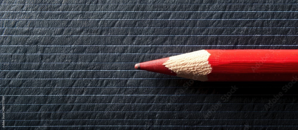 Poster Red colored pencil with a black body is placed on lined paper against a black felt background with space for text or images. with copy space image. Place for adding text or design