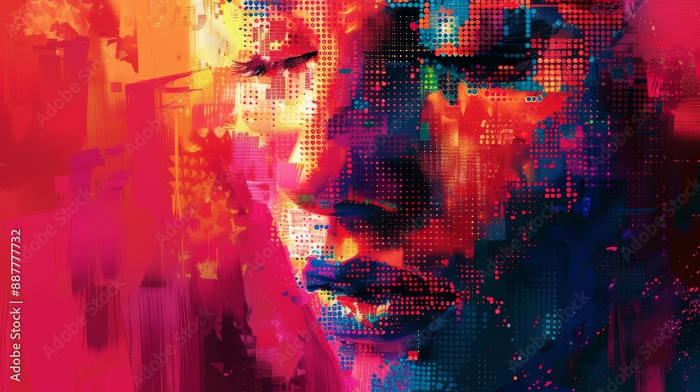 Poster Abstract digital face with vibrant colors and geometric patterns on a dark background. Highlights futuristic technology and AI