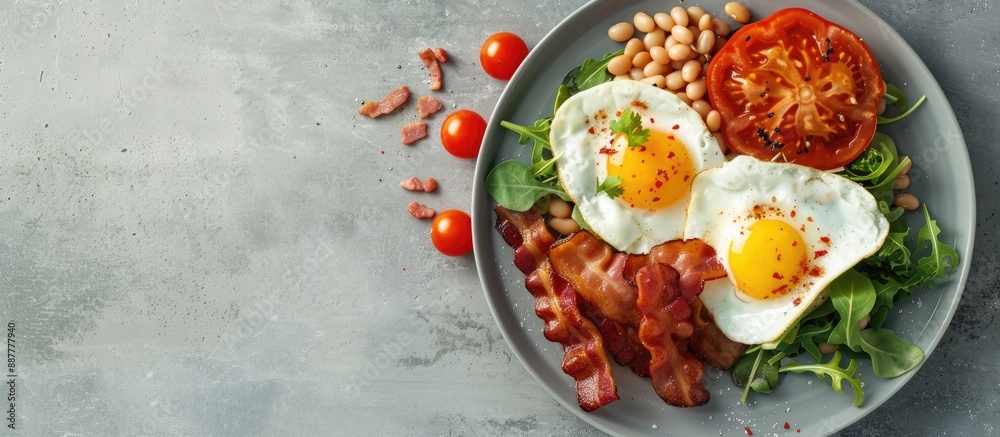 Aufkleber Morning meal featuring eggs beans and bacon on a plate with ample empty space suitable for adding a design or text known as a copy space image