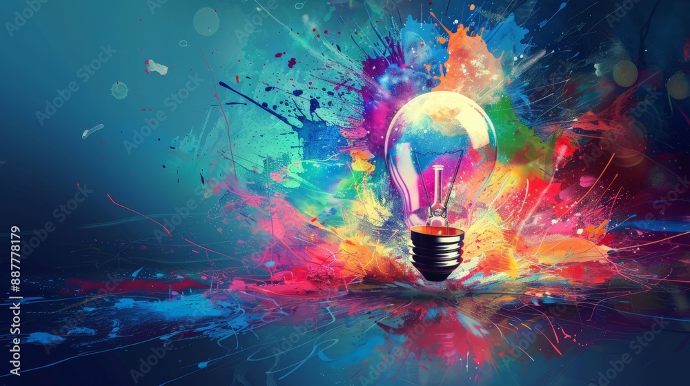 Poster Glowing light bulb with colorful explosion background symbolizing ideas and creativity. Artistic representation of innovation and inspiration.