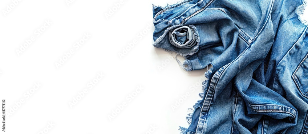 Poster blue jeans unrolled on a clean white background with plenty of copy space image available