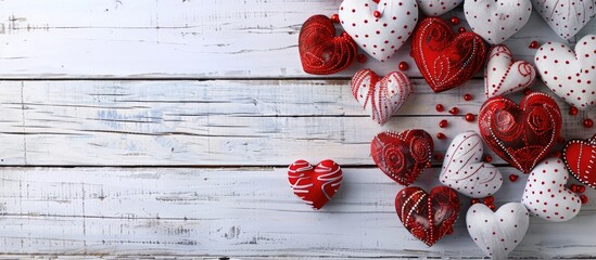 Valentine s Day background featuring artisanal heart shaped toys on a white wooden backdrop with room for copy space image