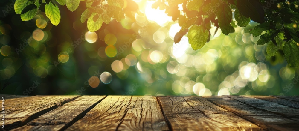 Poster Morning sunlight and green bokeh illuminate a wooden table with space for product display set against a blurred natural backdrop. with copy space image. Place for adding text or design