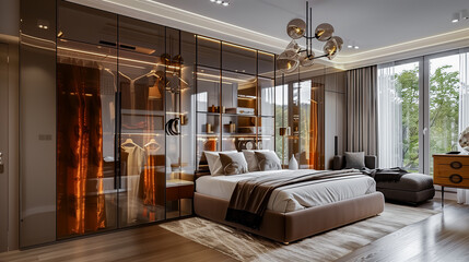 Fototapeta premium modern minimalistic master bedroom with wardrobe stands elegantly in a light. the Natural lighting enhances the minimalist aesthetic, large bed with cushions