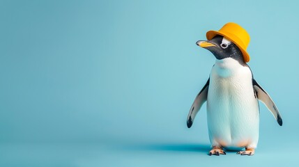 Fototapeta premium A penguin wearing a yellow hat.