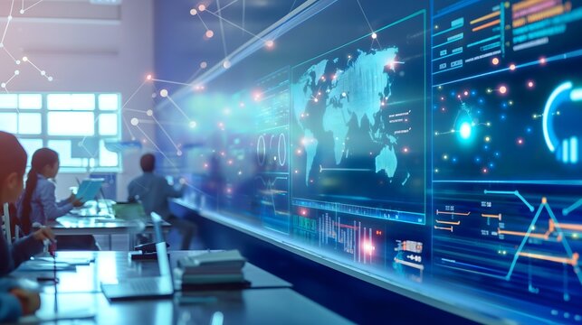 2. "A futuristic educational dashboard displaying real-time data analysis of student performance and adaptive curriculum adjustments, set in a modern classroom setting