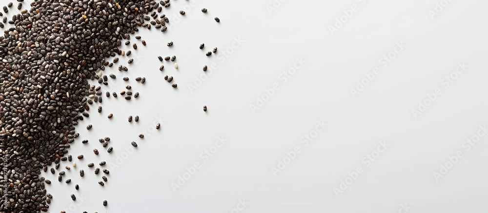 Poster Organic chia seeds placed against a white backdrop with a clear space for placing additional images